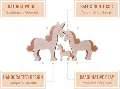 Wooden Animal Toys Unicorn Family with Play Silk for Kids Nursery Gift Preschool Wooden Building Blocks Play Set Fine Motor Montessori Game