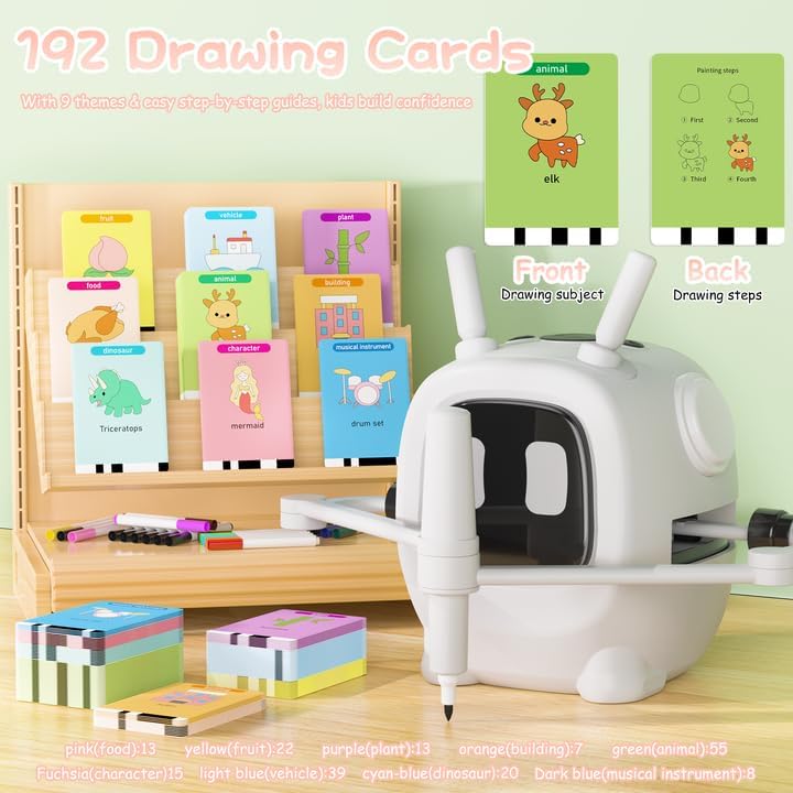 Drawing Robot for Kids with 192 Cards, Smart Robot Drawing Machine Toys for 3+ Year Old Boys and Girls, Interactive Painting Learning and Educational Toy Perfect for Birthday Chirstmas Party, White