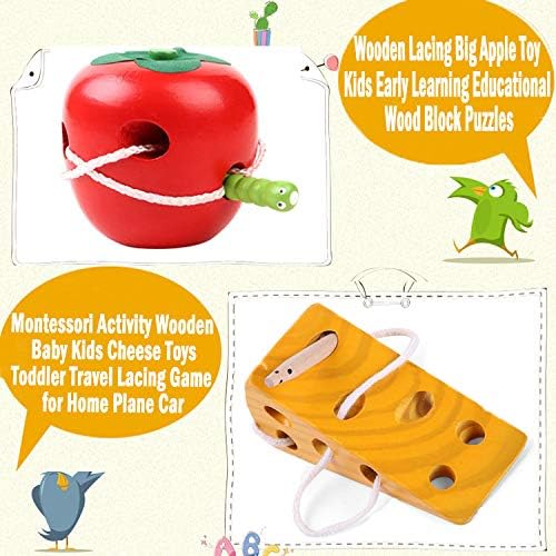 Sealive Early Development Wooden Lacing Toys, Montessori Activity Caterpillars Eat Apple and Kids Cheese Toys, Children Learning Educational Wood Block Puzzles for Toddlers Boys Girls