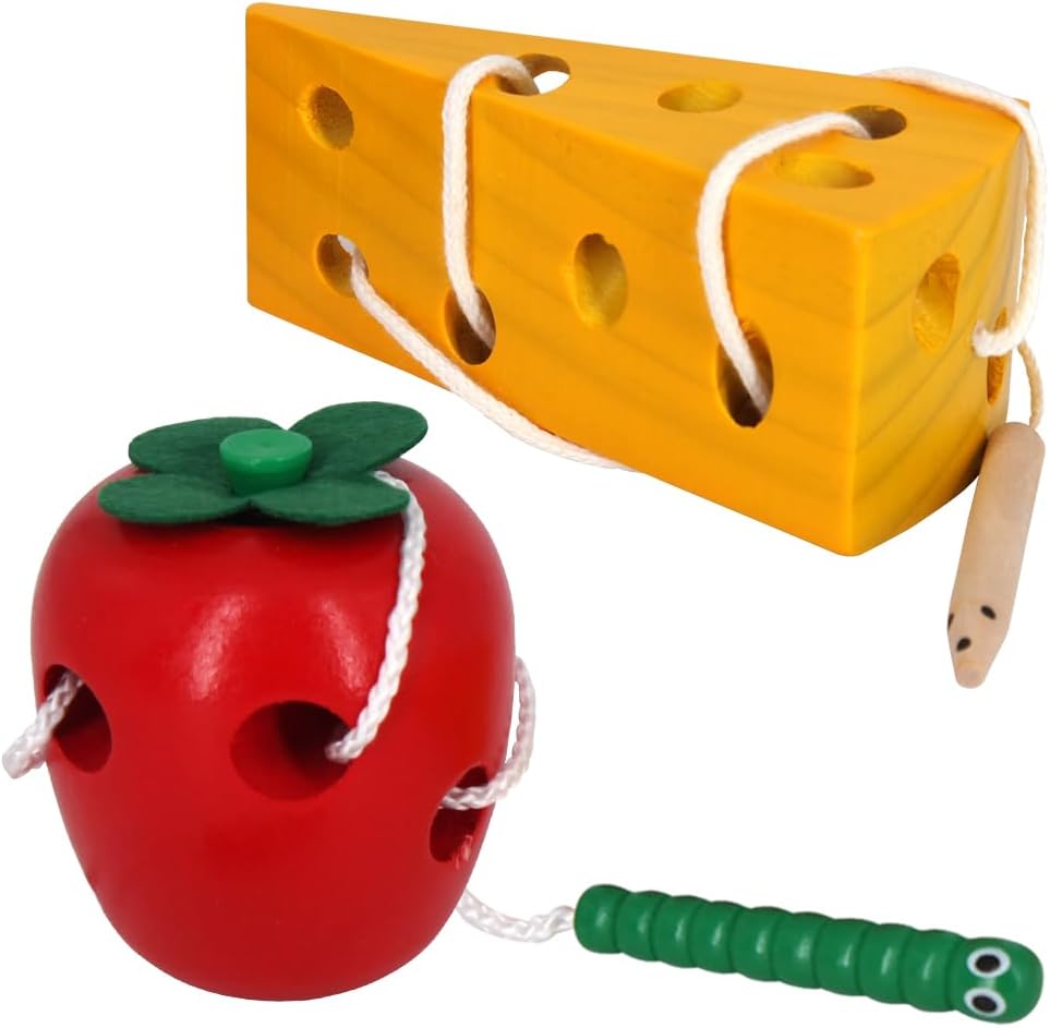 Sealive Early Development Wooden Lacing Toys, Montessori Activity Caterpillars Eat Apple and Kids Cheese Toys, Children Learning Educational Wood Block Puzzles for Toddlers Boys Girls