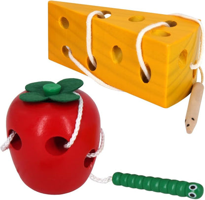 Sealive Early Development Wooden Lacing Toys, Montessori Activity Caterpillars Eat Apple and Kids Cheese Toys, Children Learning Educational Wood Block Puzzles for Toddlers Boys Girls