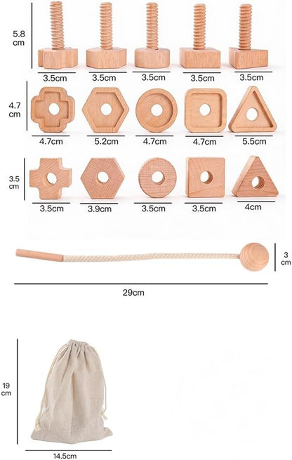 Wooden Screw and Nut Playset for Kids, Montessori Shape Sorting Toy, Lacing Beads for Kids, Preschoolers Activities, Building Construction Screw Matching Toys for Boys Girls Ages 3,4,5
