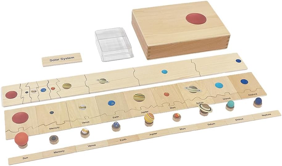 ancona Solar System, Spanish/English Bilingual, Montessori Geography & Space Learning: Preschool Memory Matching Game Box Set with 9 Planet Figurines & Matching Puzzle Cards, Early Education Toy