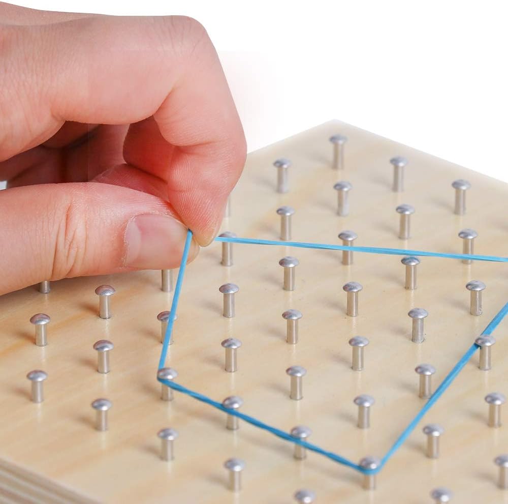 Kizh Wooden Geoboard Math Manipulative Material Graphical Geo Board Montessori Educational Toys Array Block Pattern Cards and Rubber Bands STEM Puzzle Matrix 8x8 Brain Teaser Toys
