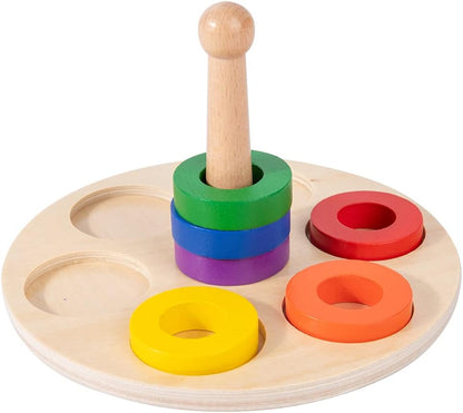 Adena Montessori Wooden Stacking and Sorting Ring,Wooden Rings on Peg,Colorful 5 Shapes on Curved Peg Horizontal Dowel Variation,Fine Motor Skills Development Toys for 1 2 3 Years Old Toddlers