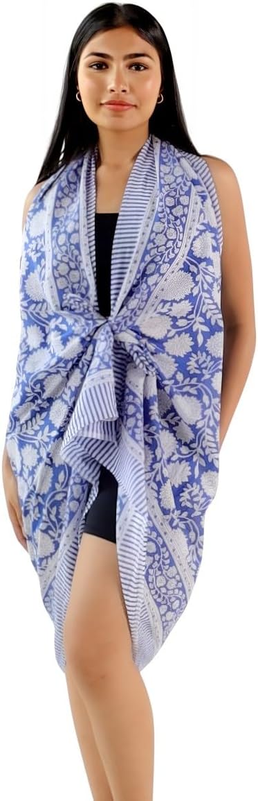 100% Cotton Sarong Cover Up for Women Indian Block Print Beach Wrap Skirt Long Boho Swimsuit Bikini Pareo (73” x 43”)