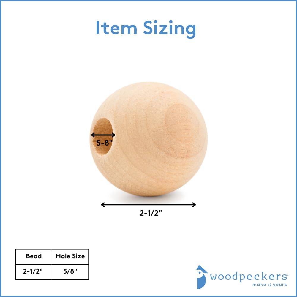 Large Wooden Beads for Crafts - Pack of 6 32mm 1-1/4 x 3/8 Inch Hole Large Wood Beads for Crafts withHoles for DIY | Round Wooden Balls for Crafts | Wood Beads for Jewelry Making | Woodpeckers