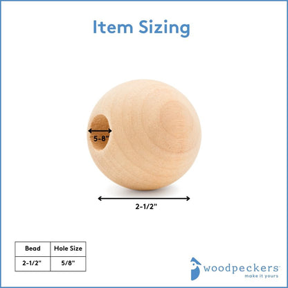 Large Wooden Beads for Crafts - Pack of 6 32mm 1-1/4 x 3/8 Inch Hole Large Wood Beads for Crafts withHoles for DIY | Round Wooden Balls for Crafts | Wood Beads for Jewelry Making | Woodpeckers