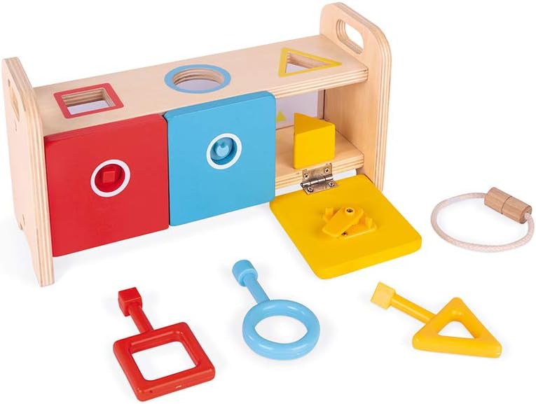Janod Shape Sorter Box with Keys – Wooden Sorting Toy with Geometric Shapes – Ages 18+ Months- J05065