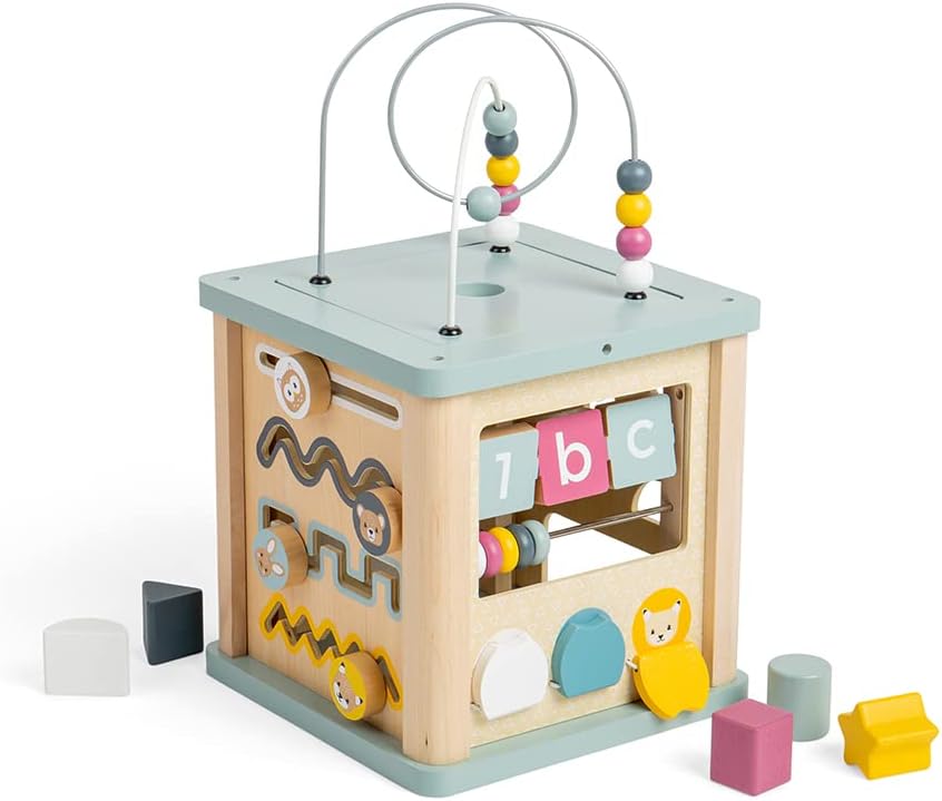 Bigjigs Toys Wooden Activity Cube - 100% FSC® Certified Busy Centre with Shape Sorter & Bead Maze, Sustainable Sensory Toys for 1 Year Old, 22cm W x 23cm H