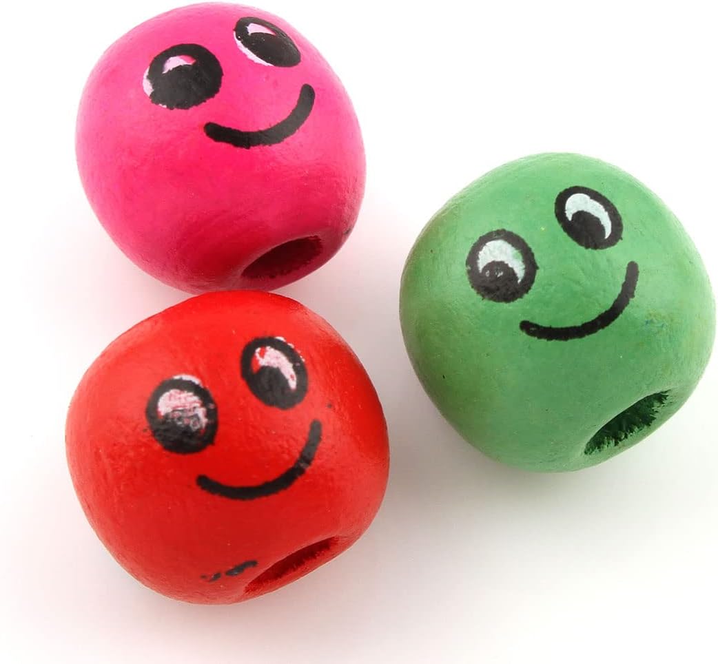 Perlin Wooden Beads with Smiley Face 60 Pieces Threading Beads Made of Wood Colourful 3mm Hole Bead for Craft Making Decorations and DIY Crafts