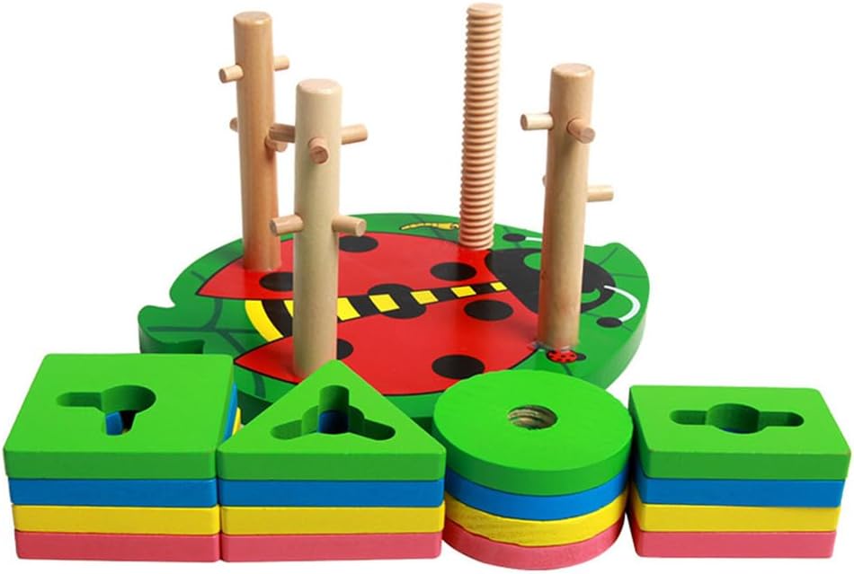 Montessori 4-Pillar Beetle Stacking Blocks, Wooden Shape & Color Recognition Toy