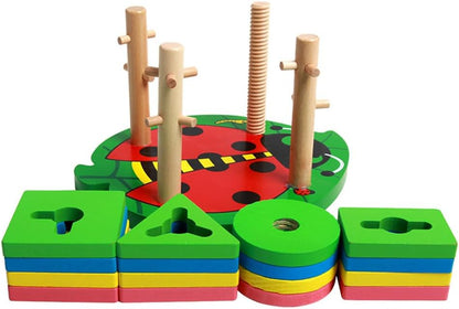 Montessori 4-Pillar Beetle Stacking Blocks, Wooden Shape & Color Recognition Toy