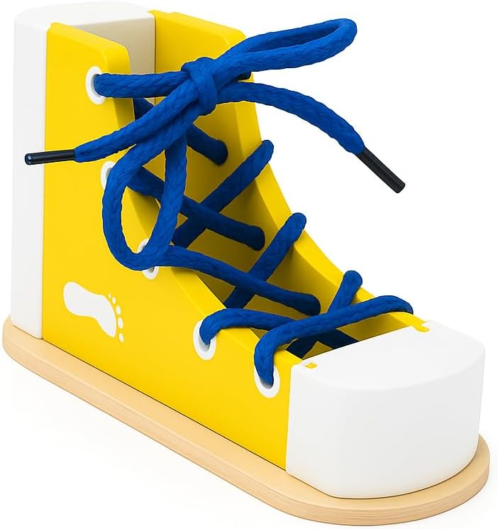 Mikily‘s Learn to Tie Shoes for Kids with Wooden Lacing Shoe Tying Kids Shoe Tying Practice Kit with Wooden Toys Yellow