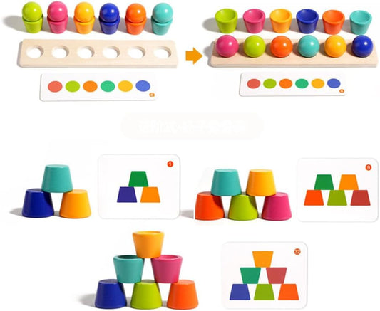 Wooden Balls and Cups Montessori Toy, Color Sorting & Matching Set with Tongs & Spoon