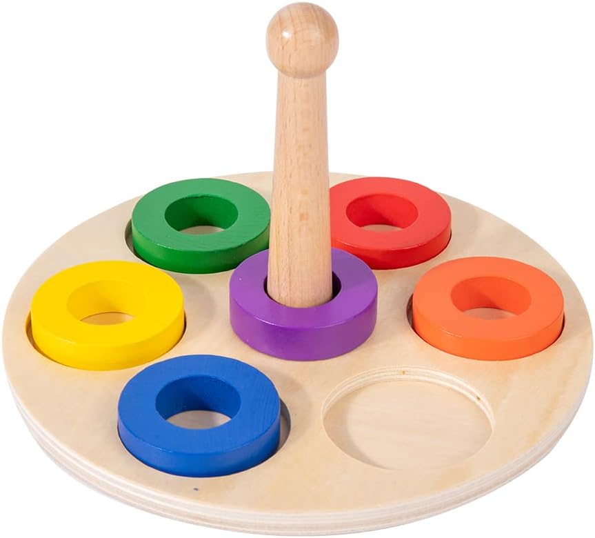 Adena Montessori Wooden Stacking and Sorting Ring,Wooden Rings on Peg,Colorful 5 Shapes on Curved Peg Horizontal Dowel Variation,Fine Motor Skills Development Toys for 1 2 3 Years Old Toddlers