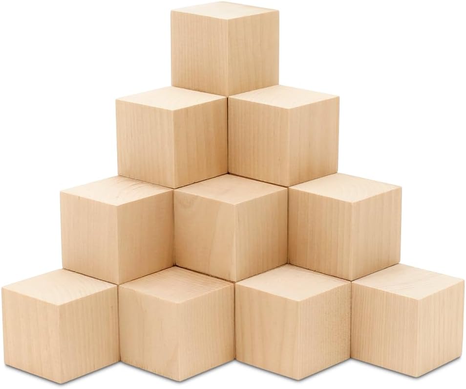 DIY Wooden Cubes 3-inch, Pack of 10 Large Wooden Blocks, Unfinished Wood Blocks for Crafts, STEM, Dice, and Building Blocks for Stacking, by Woodpeckers