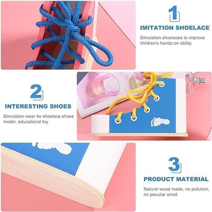 Mikily's Learn to Tie Shoes for Kids - Wooden Lacing Toy Shoe Tying & Practice Kit - Knot Tying Tool, Pick&blue