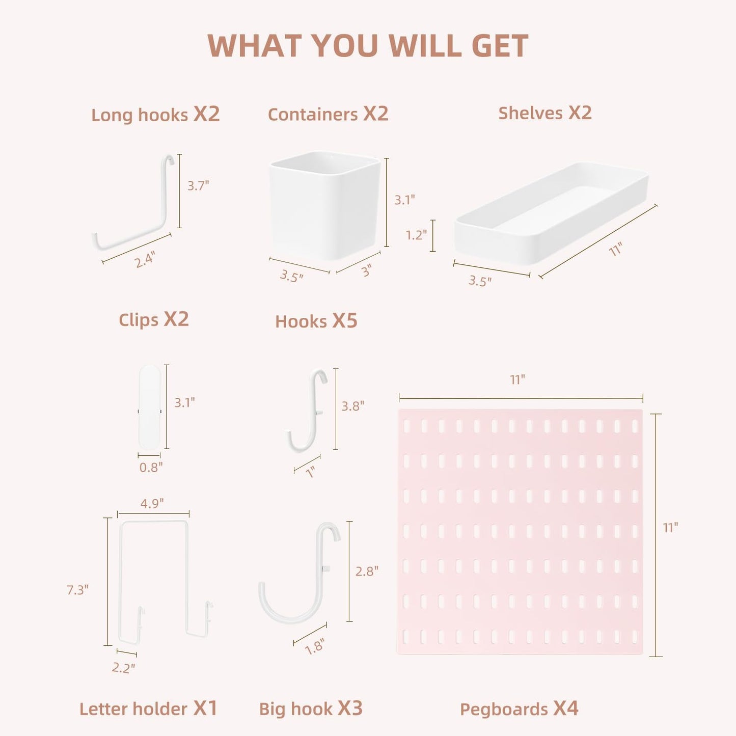 VUSIGN Pegboard Combination Wall Organizer Kit, 4 Pieces Pegboards and 17 Accessories Modular Hanging, Wall Mount Display Peg Board Panel Kits for Bedroom, Home, Office, Bathroom, 22" x 22", Pink