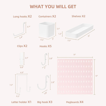 VUSIGN Pegboard Combination Wall Organizer Kit, 4 Pieces Pegboards and 17 Accessories Modular Hanging, Wall Mount Display Peg Board Panel Kits for Bedroom, Home, Office, Bathroom, 22" x 22", Pink