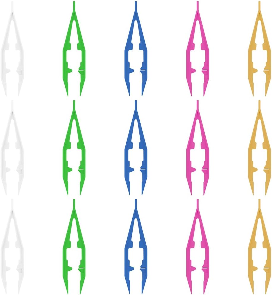 Ckyleole 9 Pieces 3 Colors Plastic Tweezers 4.13 Inch Craft Tweezers Forceps Thickened Plastic Sturdy Fine Motor Skill Learning for Perler Beads Jewelry Making Family Classroom School