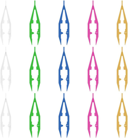 Ckyleole 9 Pieces 3 Colors Plastic Tweezers 4.13 Inch Craft Tweezers Forceps Thickened Plastic Sturdy Fine Motor Skill Learning for Perler Beads Jewelry Making Family Classroom School