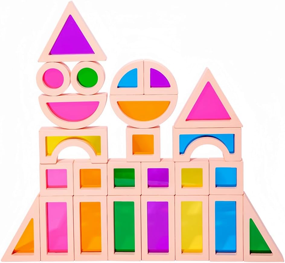 Rainbow Sensory Toys Blocks,15 Pcs Large Wooden Building Blocks for Toddlers Baby Kids,Colorful Geometric Stacking Toys, Preschool Educational Toy Set