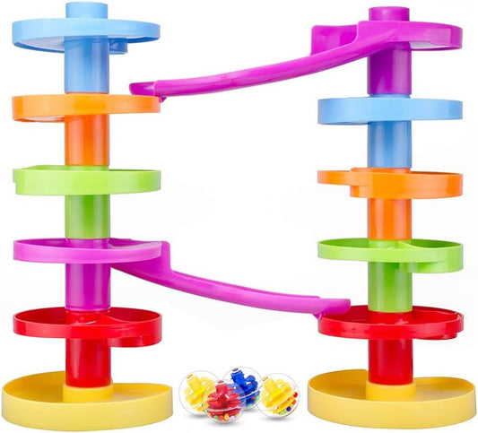 WEofferwhatYOUwant Advanced Ball Drop Toy – 16-Piece STEM Playset for Toddlers with 2 Purple Bridges & 8 Spiral Ramps | Creative Building Fun | Safe 9M+ | Interactive Family Play | Durable, Stackable