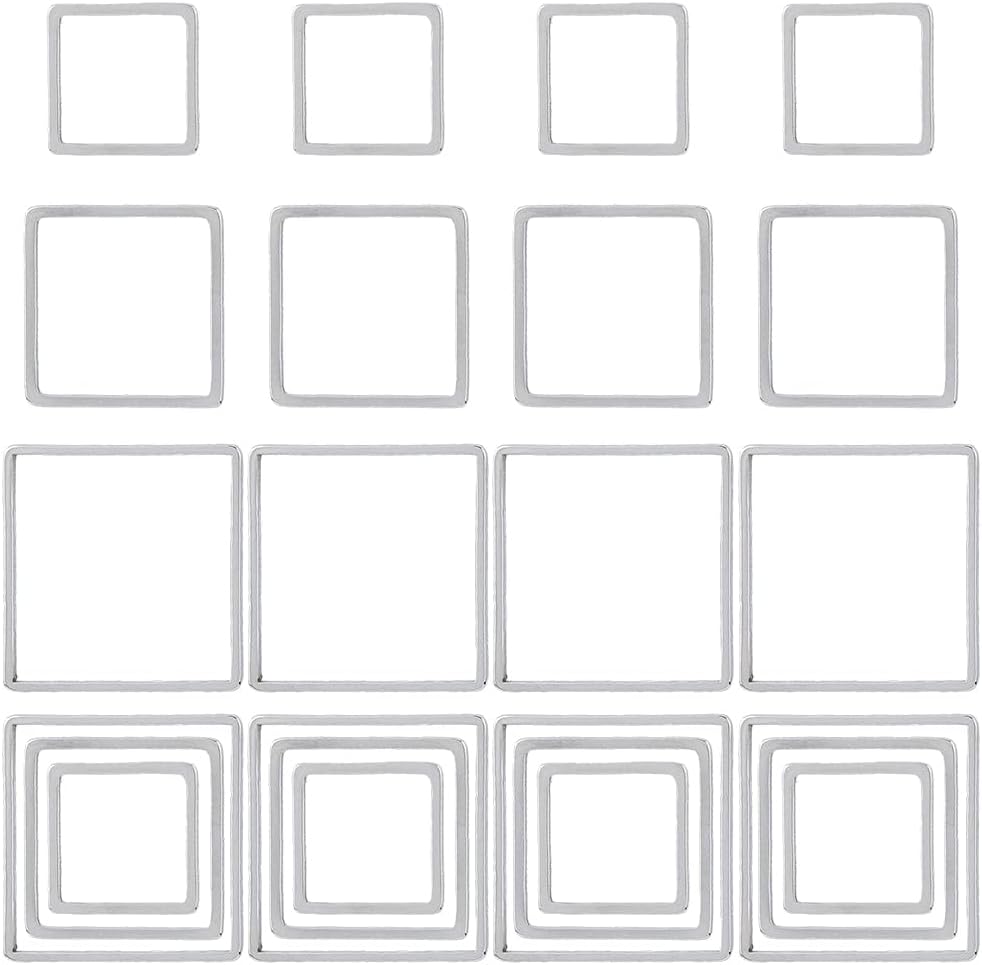 60Pcs 3 Sizes Stainless Steel Hollow Square Pendants Cube Open Bezel Blank linking Rings Square Frame Connector Charms For Jewelry Craft Kits Making DIY