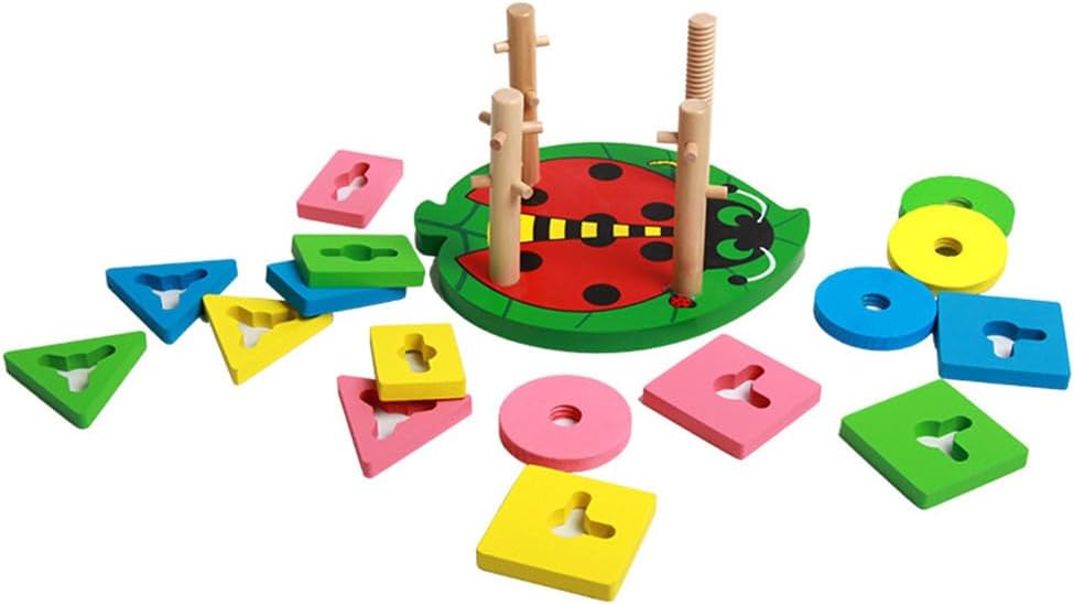 Montessori 4-Pillar Beetle Stacking Blocks, Wooden Shape & Color Recognition Toy