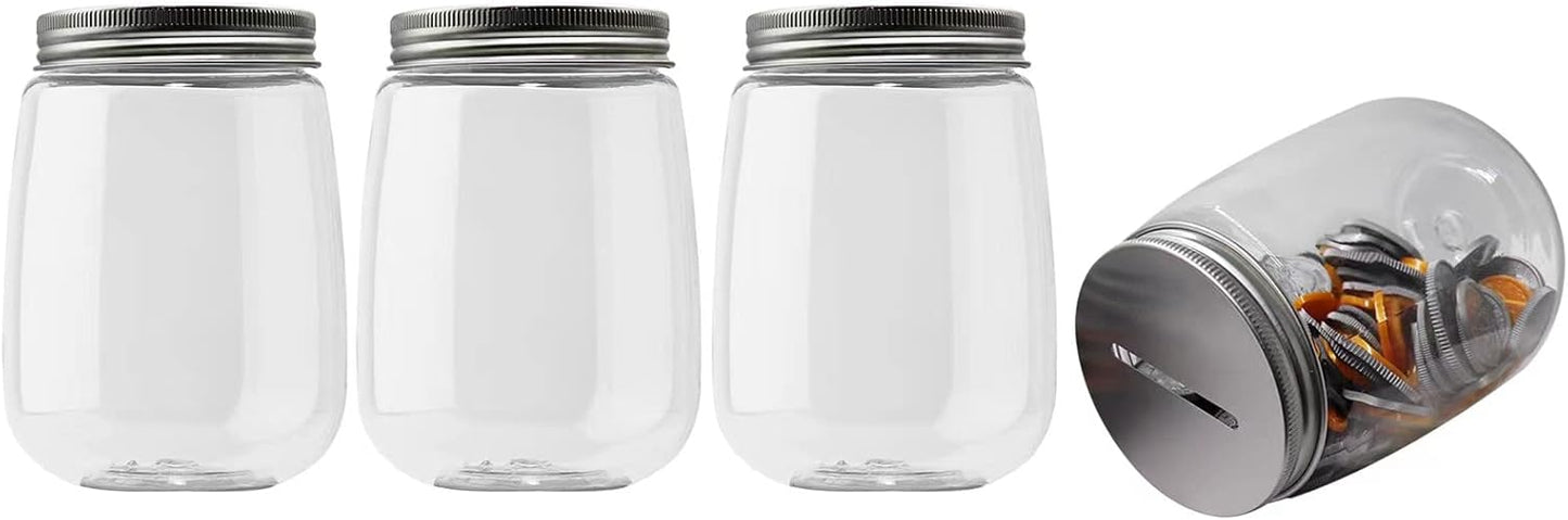 Small Clear Plastic Coin Bank Jars 4-Pack, 16oz with Silver Slotted Lids, Transparent Coin Money Piggy Banks for Adults Teens Kids