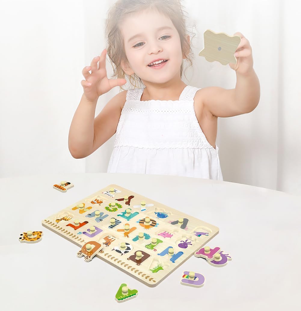 Wooden Peg Puzzle for Toddlers, Alphabet Learning Toys, Baby Puzzles Alphabet Board for Kids, Preschool Knob Puzzle for Boys Girls, Chunky ABC Shape Puzzles for 2 3 4 Year Old