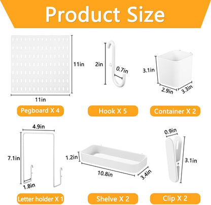 16pcs Pegboard sets, Plastic White Peg board Wall Organizer Kits,4pcs Peg Board and 12 Accessories Modular Hanging, Wall Mount Display Pegboard Panel Sets for Home Office Garage Kitchen Workshop