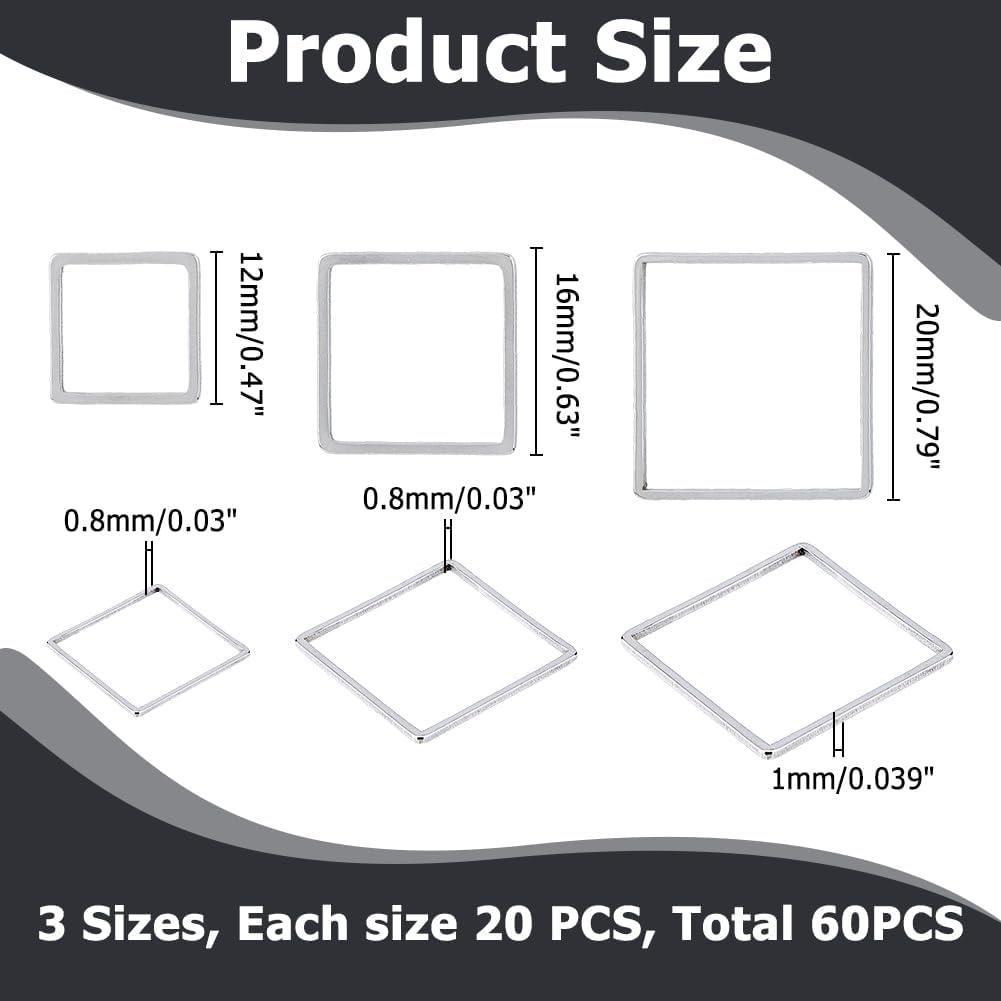 60Pcs 3 Sizes Stainless Steel Hollow Square Pendants Cube Open Bezel Blank linking Rings Square Frame Connector Charms For Jewelry Craft Kits Making DIY