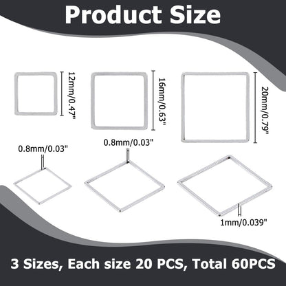 60Pcs 3 Sizes Stainless Steel Hollow Square Pendants Cube Open Bezel Blank linking Rings Square Frame Connector Charms For Jewelry Craft Kits Making DIY