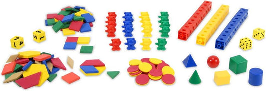 EAI Education School to Home Deluxe Manipulative Kit with Dice, Counters, Geometric Solids, Pattern Blocks, Color Tiles and Linking Cubes - Grade K (184 Pieces)