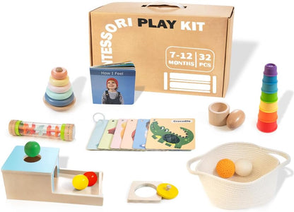 WOODMAM Montessori Toys for Babies 7-12 Months, 9 in 1 Educational Wooden Toys Set, Includes Object Permanent Box, Stacking Cups, Mirror Puzzle, Ring Stacker and More