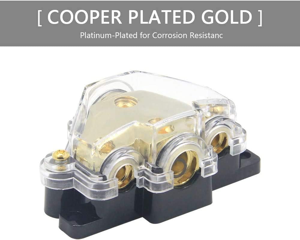3 Way Power Distribution Block, 0/2/4 AWG Gauge in, 4/8/10 Gauge Out, Car Audio Stereo Amp Distribution Connecting Block for Audio Splitter (1x0GA+3x4GA) 2 Pack