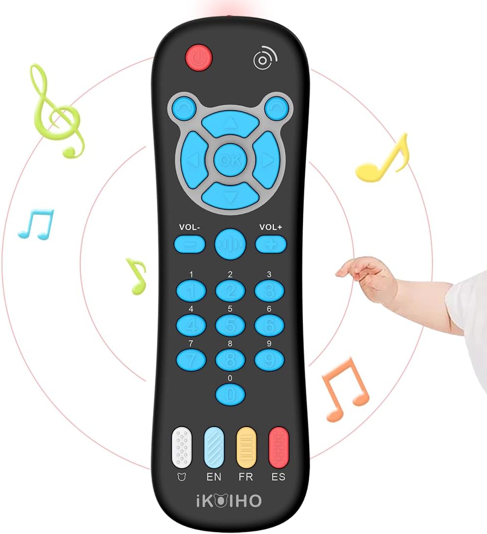 Baby Remote Control Toy, Realistic Toddler TV Remote Toy with Light Sound Kid Learning Education Musical Toys with English French Spanish Infant Gift for Boys Girls 6M+ (Black)