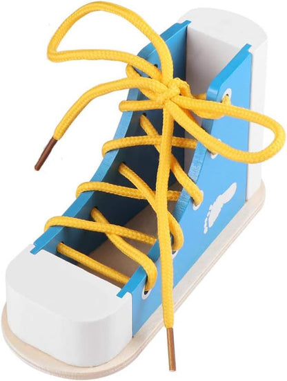NUOBESTY Shoe Tie Practice for Kids Learn to Tie Shoes Tying Practice Board Lacing Toy Wooden Shoelaces Knot Tying Kit Teaching Preschool Learning Toys, Blue
