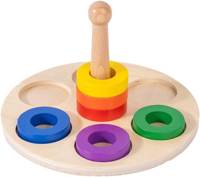 Adena Montessori Wooden Stacking and Sorting Ring,Wooden Rings on Peg,Colorful 5 Shapes on Curved Peg Horizontal Dowel Variation,Fine Motor Skills Development Toys for 1 2 3 Years Old Toddlers