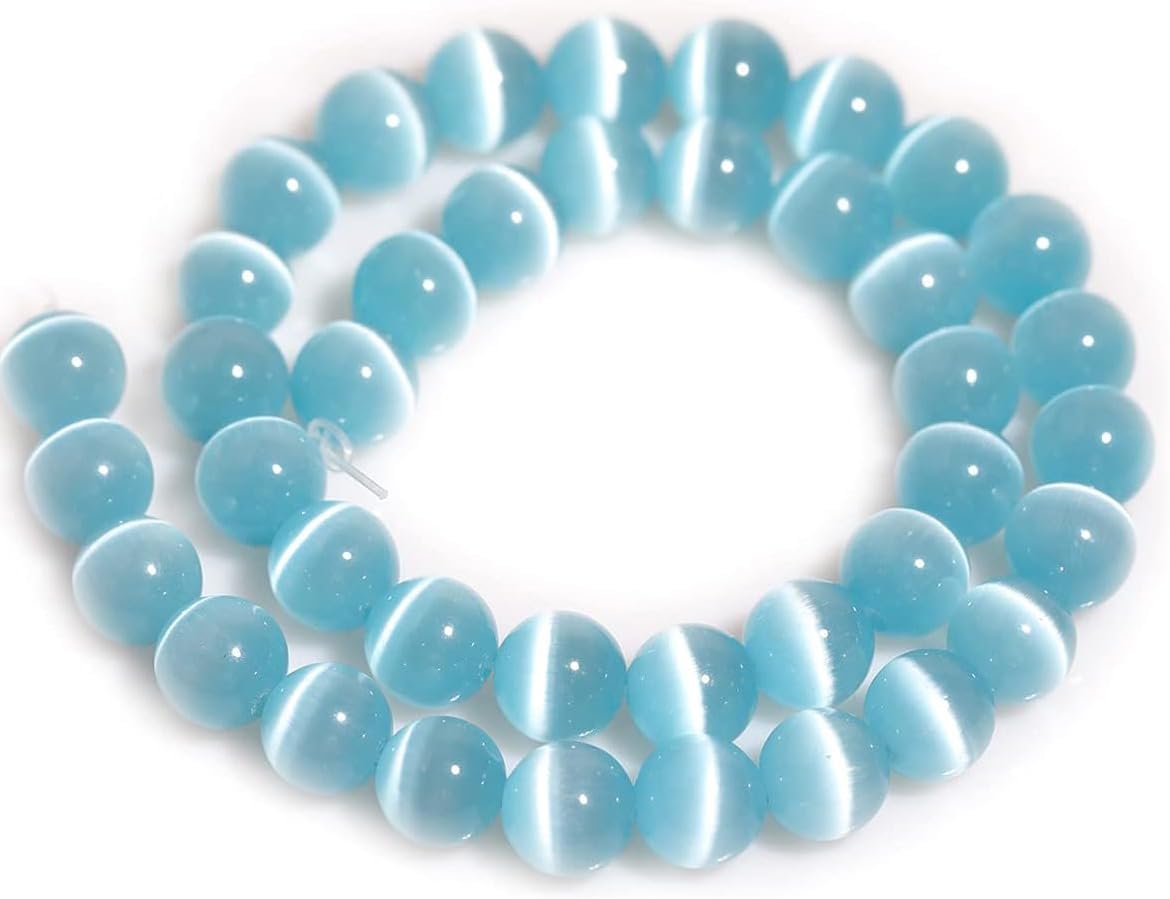 HAAMIIQII 8mm Light Blue Cat Eye Glass Round Crystal Stone Loose Gemstone Beads for Jewelry Making Bracelets Necklaces Earrings Crafts (45-50pcs)