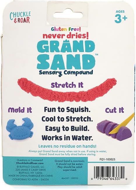 Chuckle & Roar Grand Sand Play Sand - Red, Blue & Green, Ages 3+, Pack of 3 - Never Dries, Sensory Bin Filler - Works Under Water, Sensory Table Filler - Stretch, Mold & Cut