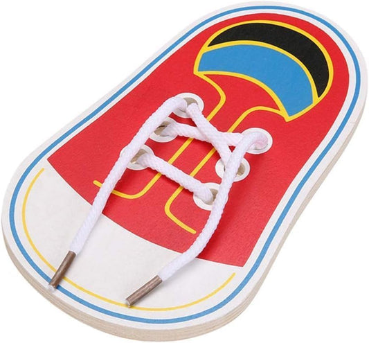BWESOO Red Wooden Learn to Tie Your Own Shoes Threading Lacing Shoes Training Learning Kits Threading Lacing Training Board Learn To Tie Shoelaces
