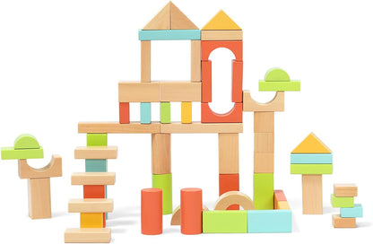 100pcs Natural Beech Wooden Building Blocks for Toddlers 1-3, Wooden Blocks for Baby Shower with Storage Bucket, Montessori Toys for Preschool Girls and Boys