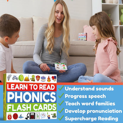 Phonics Flash Cards - Learn to Read in 20 Phonic Stages - Digraphs CVC Blends Long Vowel Sounds - Phonics Games for Kids Ages 4-8 and Sight Word Bingo Game Level 1 and Level 2 - Learn Vocabulary.