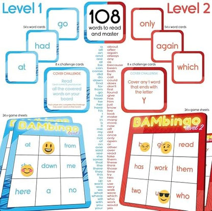 Phonics Flash Cards - Learn to Read in 20 Phonic Stages - Digraphs CVC Blends Long Vowel Sounds - Phonics Games for Kids Ages 4-8 and Sight Word Bingo Game Level 1 and Level 2 - Learn Vocabulary.