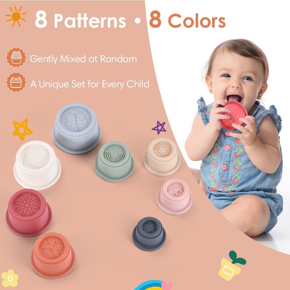 ZYFLSQ Stacking Cups Baby Toy, Nesting Cups 8 Pcs with Pattern for Kid Baby 6 Months and Up Montessori Bath Toys