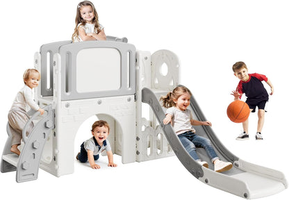 8-in-1 Toddler Slide Playground Set for Indoor & Outdoor Fun – Includes Climber, Basketball Hoop, Telescope, Tunnel, and Storage Space for Kids – Perfect for Backyard & Courtyard Activities