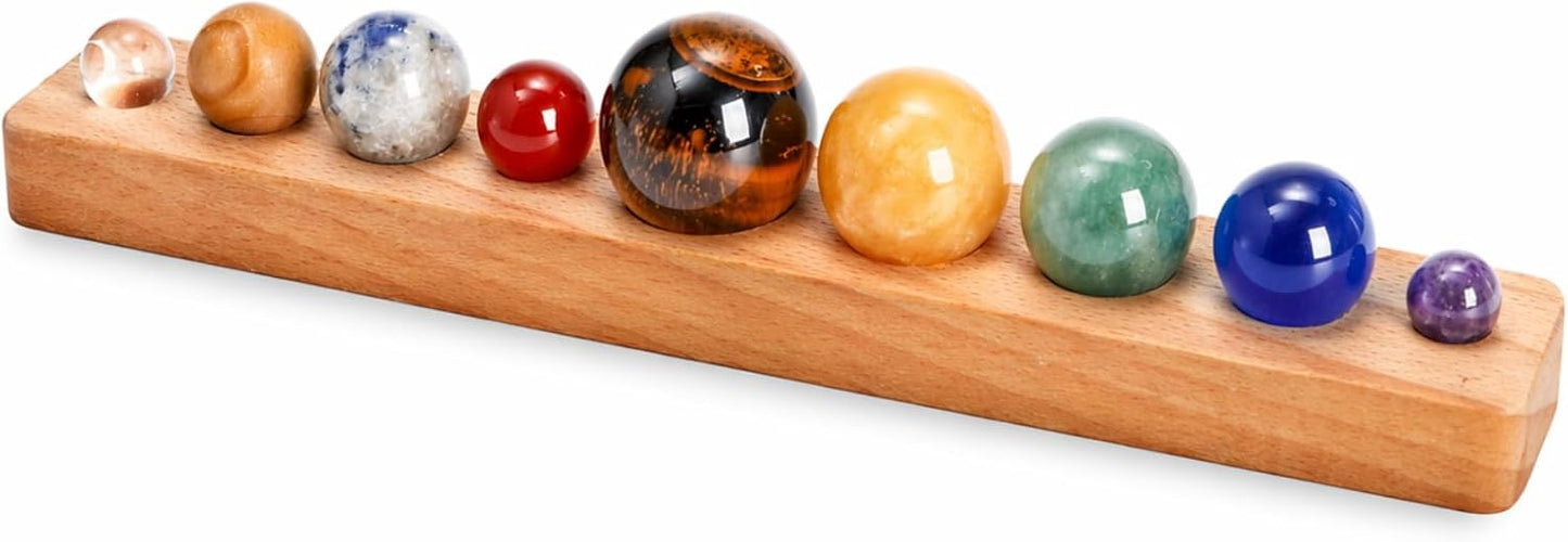 ZENFUN Nine Planets in Solar System with Wooden Stand, Natural Gemstones Sphere Solar System Model Kit, Planet Marbles, Space Themed Bedroom Decor, Best Birthday Science Astronomy Gifts